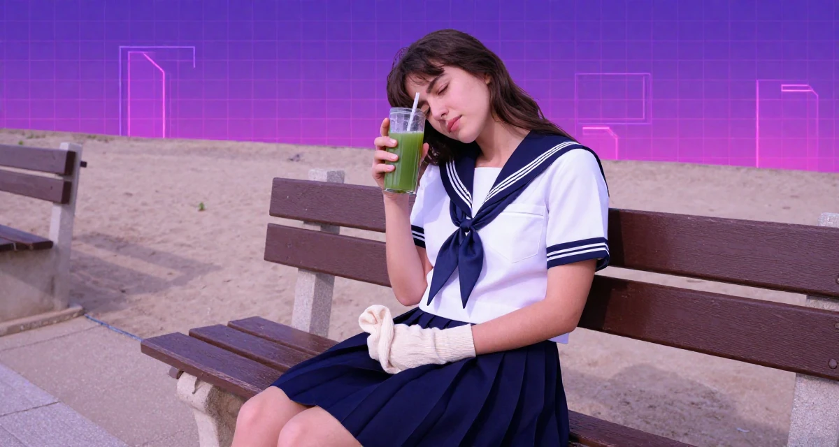 A sleepy Female From Italy, studied product design in their 24, wearing activewear and holding a green juice, wearing a Japanese school sailor uniform (seifuku) with a pleated skirt, pulling a sweater sleeves over hands in a beach promenade.
