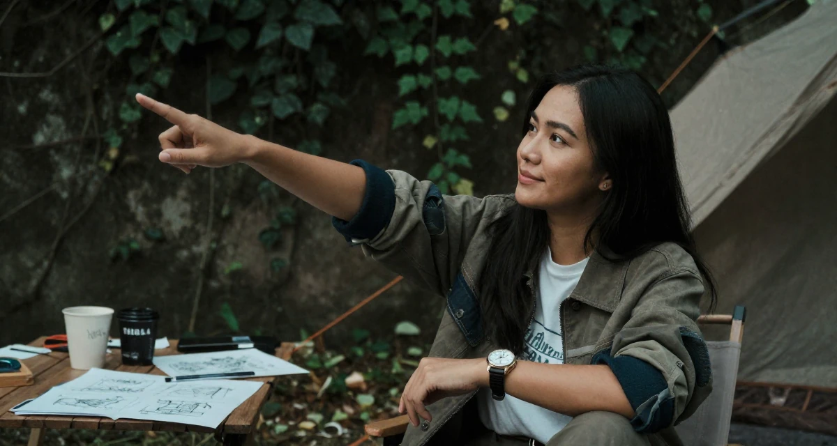 A serene and peaceful Female From Manila Philippines, learned stage presence from bar performance work in their 23, realizing that friendships require hard work, wearing a structured jacket with casual tee, glancing at a wristwatch in a camping site.