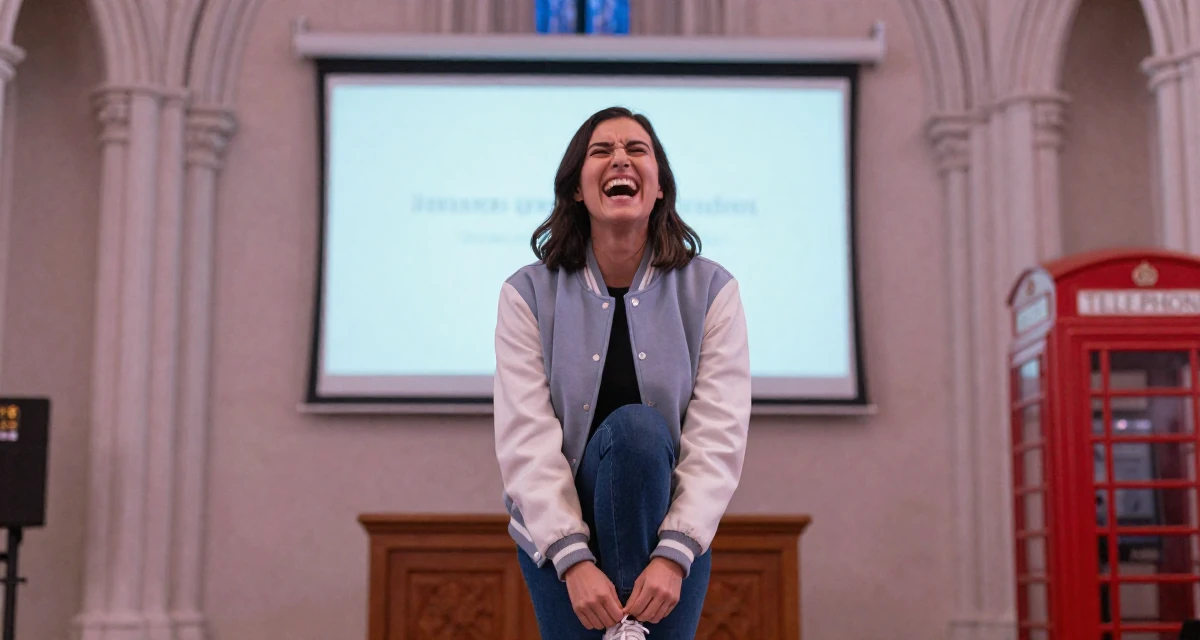 A tense Female From the Philippines, majored in mass media in their 21, laughing openly with head thrown back, wearing a casual varsity jacket look, tying a shoelace in a gothic cathedral interior.