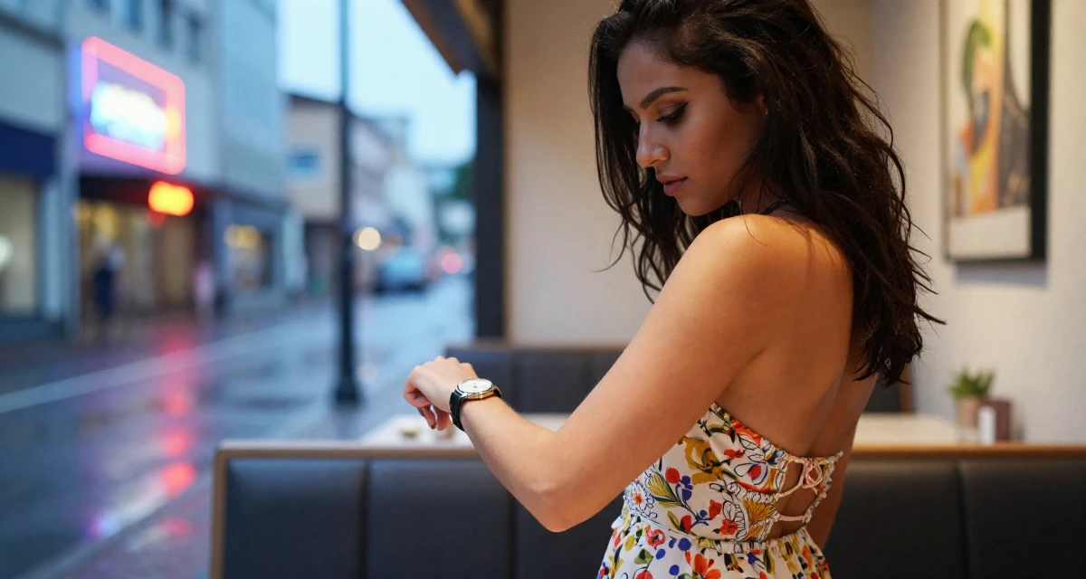 A seductive Female Former bakery assistant, now crafting sweet, soft-aesthetic creator vibes in their 22, planning monthly photoshoots on a tight budget, wearing a backless summer sundress in a floral print, glancing at a wristwatch in a restaurant booth.