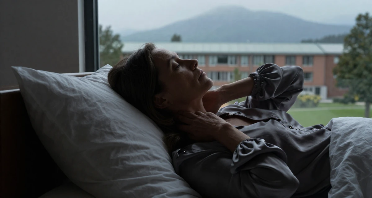 A bashful Female From Denmark, majored in furniture design in their 50, exploring semi-retirement options, wearing a silk blouse with oversized cuffs, massaging the neck in a university campus.