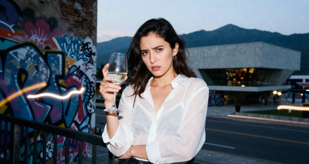 A stressed Female Former graphic design student, now using visuals for intimate storytelling in their 23, feeling pressure to “figure life out” quickly, wearing a sheer white blouse with a delicate camisole underneath, holding a wine glass by the stem in a graffiti art wall.