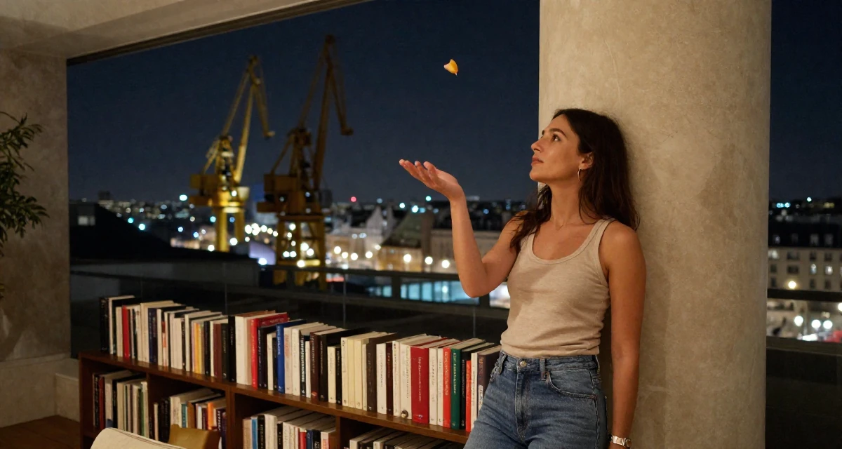 A composed Female From France, studied philosophy at Sorbonne in their 25, preparing for larger adult responsibilities, wearing a simple tank top and jeans, catching a falling flower petal in a luxury hotel lobby.