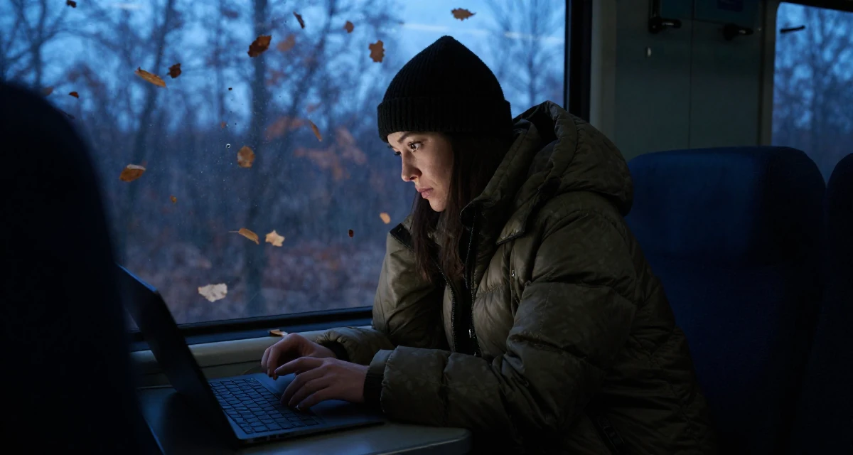 A thoughtful Female Once a soldier trainee, now exploring softer sides through creator work in their 30, prioritizing quality over quantity in friendships, wearing a warm puffer jacket and beanie, glancing over the shoulder in a train carriage.