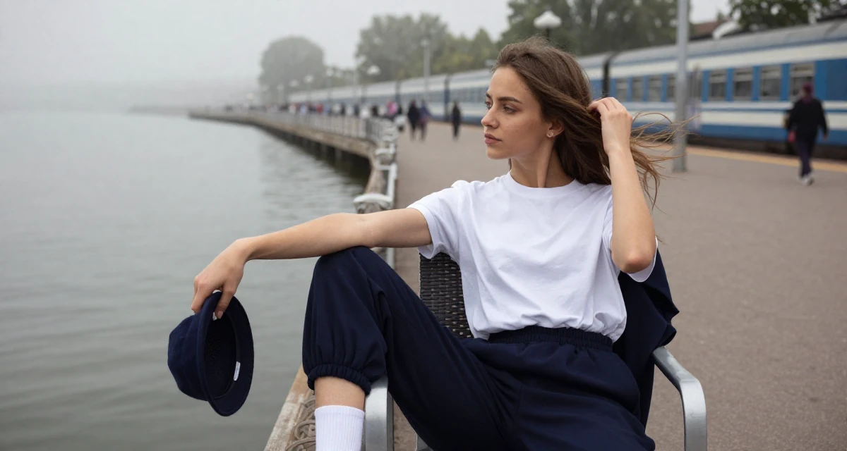A soulful Female From Moscow Russia, trained in rhythmic gymnastics and body control in their 25, trying to avoid burnout from overthinking every post, wearing a school gym uniform with bloomers and a white t-shirt, holding a hat against the wind in a lakeside dock.