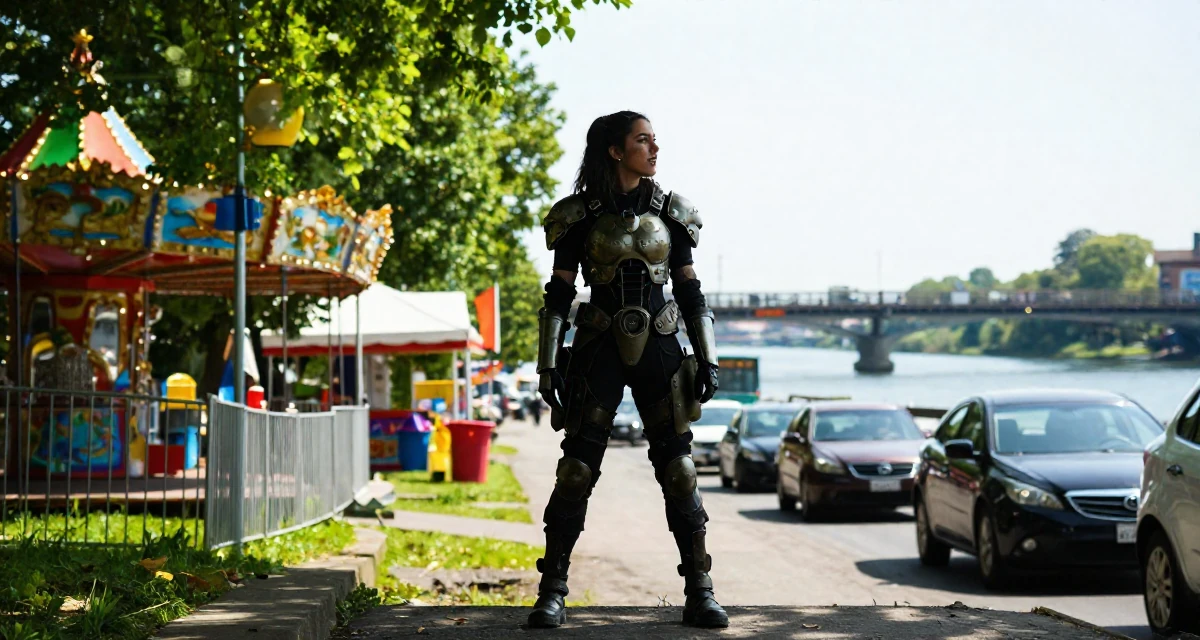 A playful and energetic Female Former bakery assistant, now crafting sweet, soft-aesthetic creator vibes in their 23, radiating a quiet determination to succeed, wearing a biopunk organic armor suit, watching traffic pass by in a carnival with rides.