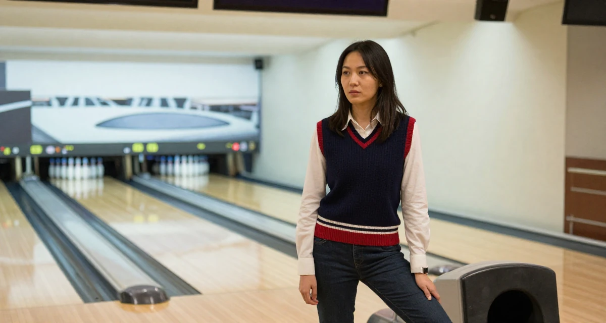 A intense Female From Shanghai China, majored in journalism in their 30, first-time entrepreneur building a startup, wearing a preppy sweater vest combo, waiting for a taxi in a bowling alley.