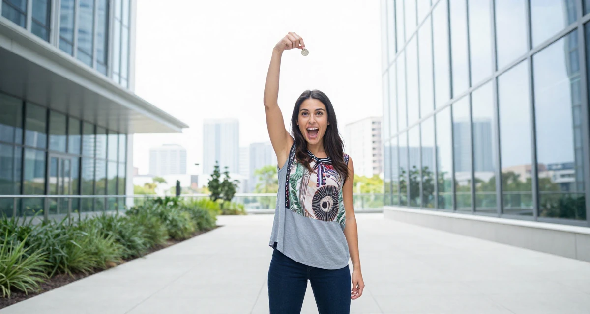 A triumphant Female From USA, has a background in real estate in their 23, balancing risk-taking with stability needs, wearing a artistic layered clothing, flipping a coin in a zoo pathway.