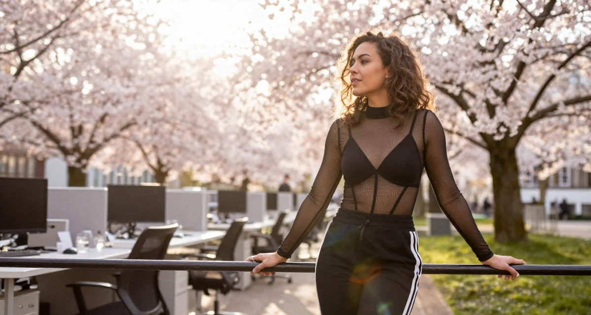 A magnetic Female From Netherlands, studied digital media and interaction design in their 46, passionate about classic literature and arts, wearing a mesh paneled bodysuit and track pants, grabbing a railing for support in a office break room.