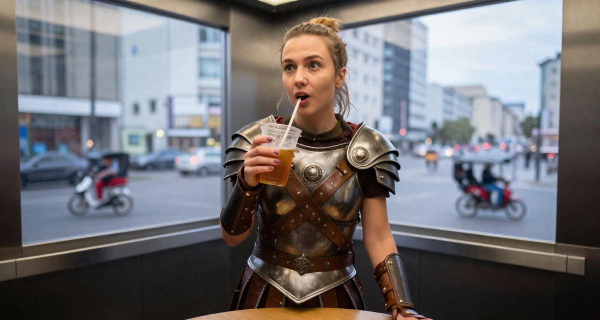 A eager Female From Belarus, studied performance media in their 24, understanding personal limits and staying safe, wearing a gladiator armor with leather straps and a metal breastplate, holding a cold drink in a elevator hall.