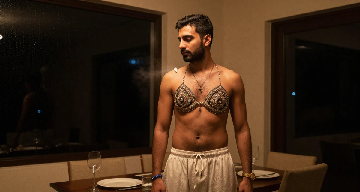 A wistful male From Dubai UAE, majored in marketing in their 25, developing early financial habits, wearing a harem pants and an ornate jeweled bra top, dusting off the shoulder in a dining room.