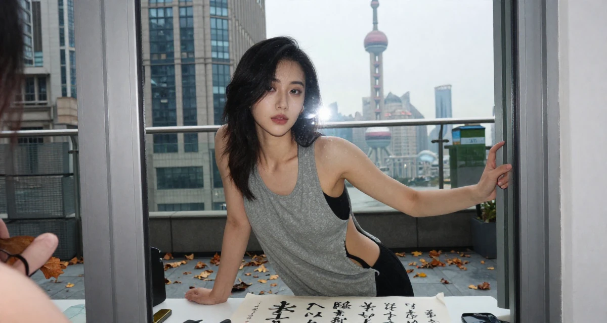 A composed Female Once a calligraphy hobbyist, now integrating art into sensual themes in their 22, dealing with inconsistent income month to month, wearing a loose tank top with deep side cuts, pulling a door open in a high-rise office building.