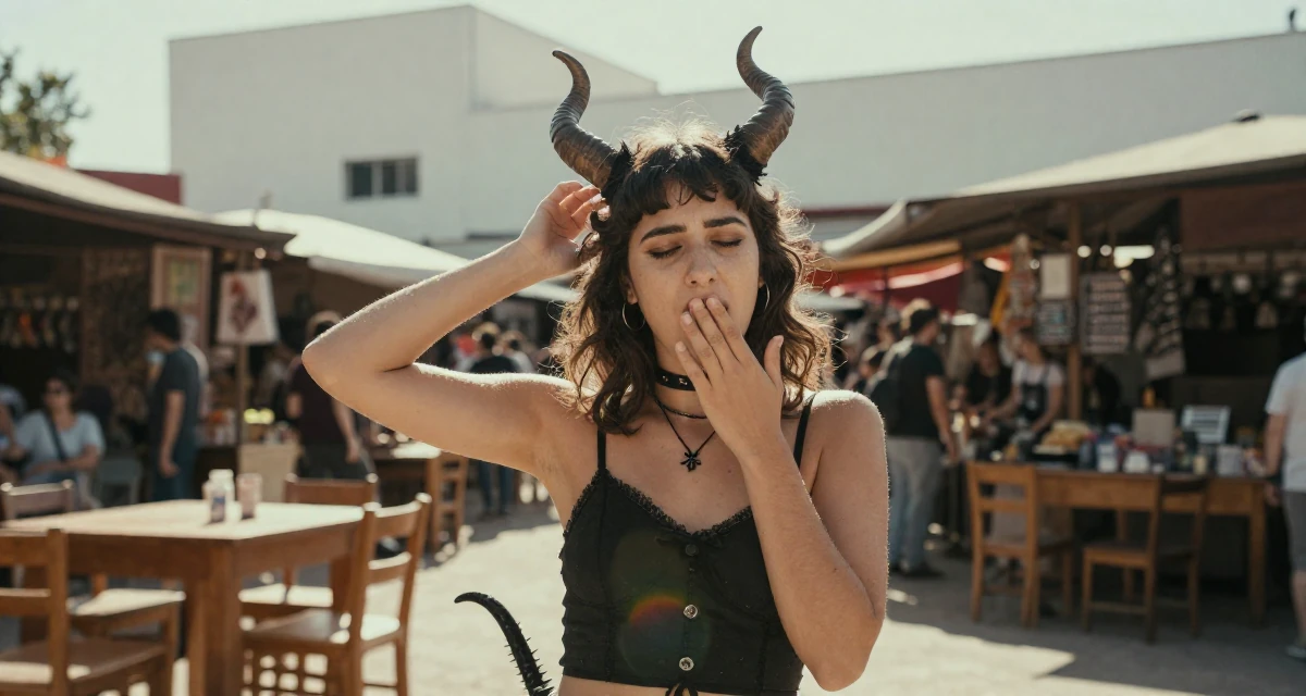 A tranquil Female From Buenos Aires Argentina, holds a degree in dance studies in their 20, full of naive optimism and energy, wearing a demon girl outfit with horns and a spiked tail, stifling a yawn in a bustling market.