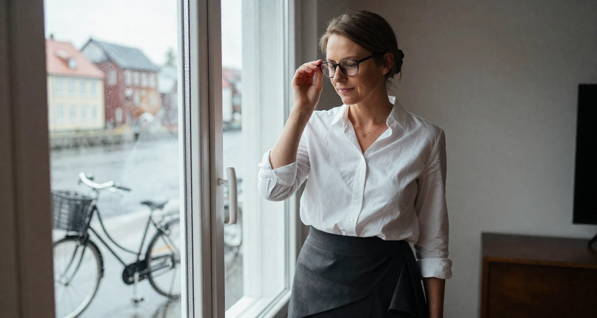A peaceful Female From Norway, based in Stavanger, graduated from a cultural college majoring in mood-centered photography in their 40, starting a second business venture, wearing a asymmetrical hem skirt and a crisp white shirt, pushing glasses up the nose in a home interior.