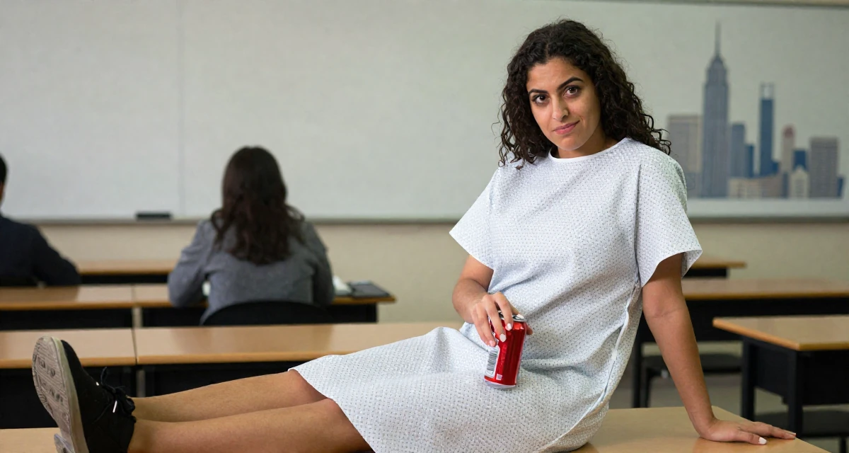 A witty Female From Arabic-speaking world, majored in geology in their 24, prioritizing mental health over the grind, wearing a hospital patient gown tailored to be form-fitting, opening a soda can in a classroom setting.