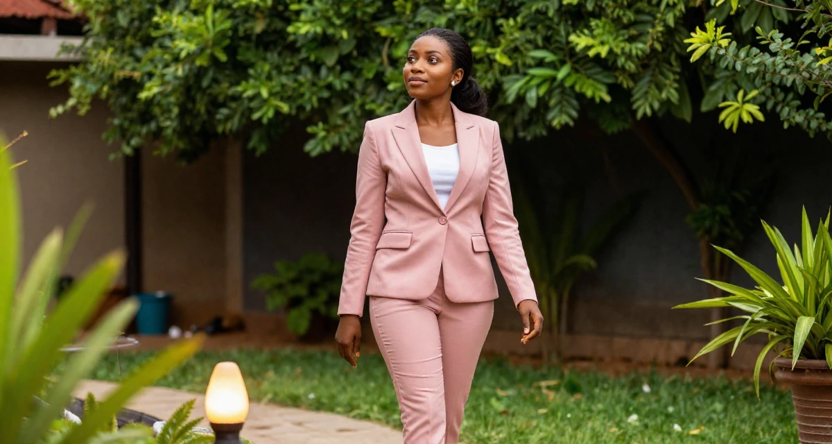 A warm Female From Nigeria, majored in business communication in their 24, understanding long-term consequences of choices, wearing a tailored pantsuit in pastel pink with a white top, gazing at the sky in a backyard garden.