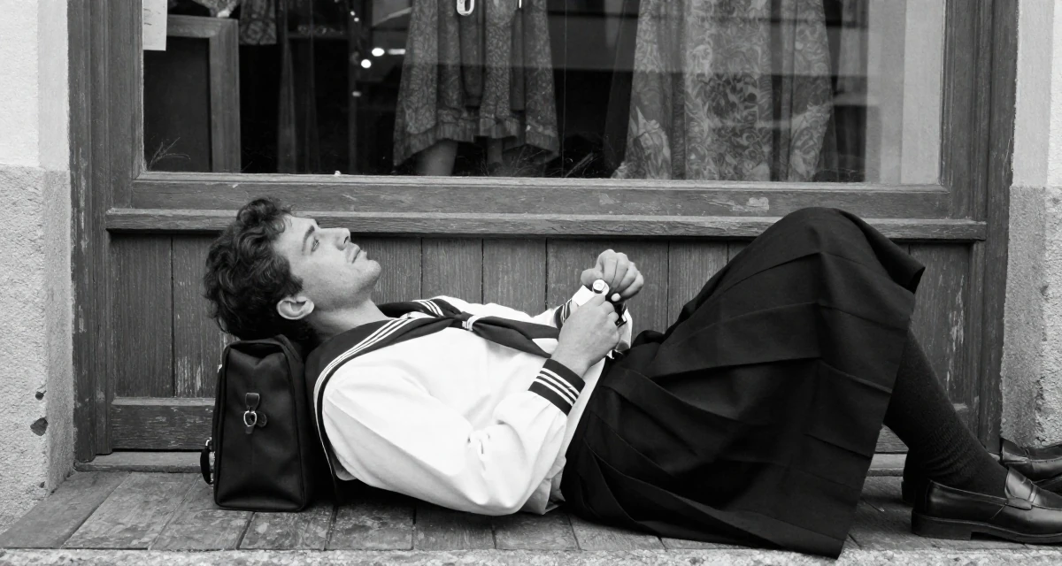 A calmly observant male From Portugal, studied marine sciences in their 27, dealing with pressure to constantly upgrade quality, wearing a Japanese school sailor uniform (seifuku) with a pleated skirt, fixing a cufflink in a theater stage.