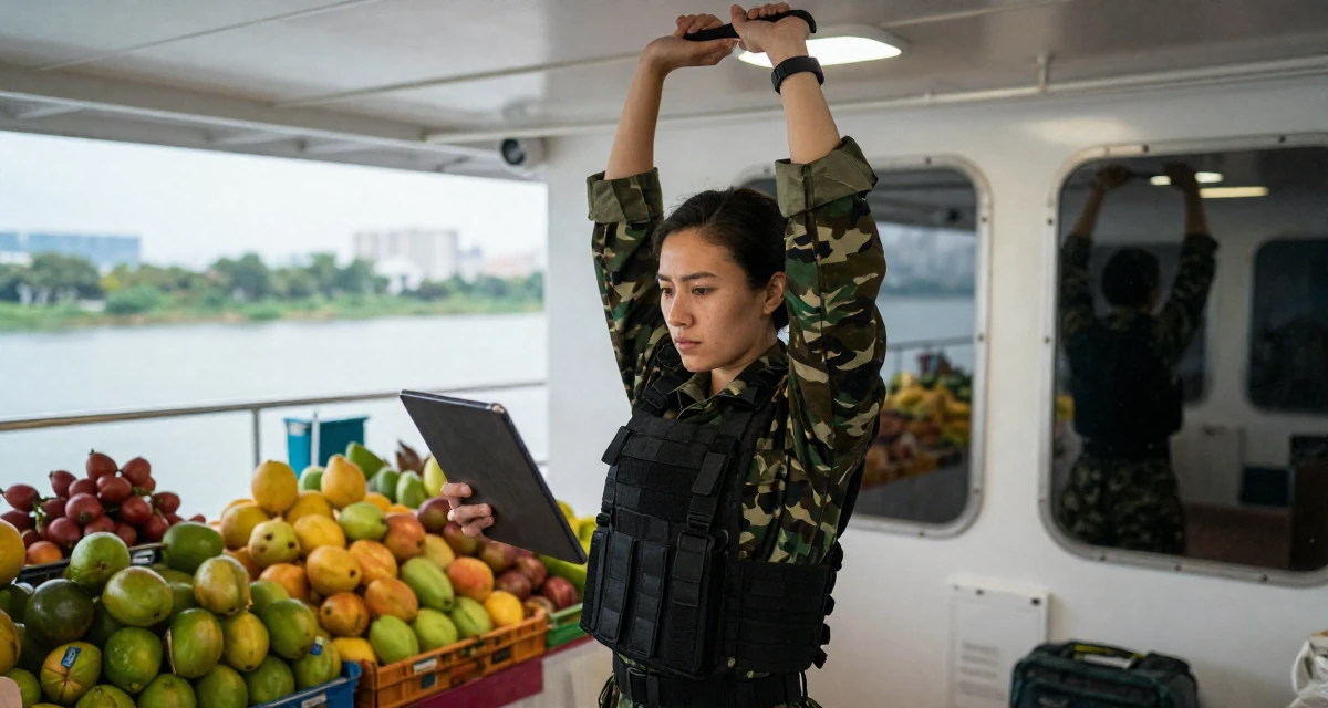 A stoic and strong Female From Hong Kong, majored in graphic design in their 21, feeling lonely despite being constantly online, wearing a commando outfit with camouflage paint and tactical harness, holding a tablet in a cruise ship deck.
