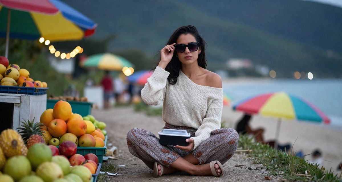 A determined Female Former graphic design student, now using visuals for intimate storytelling in their 33, creating content about healthy meal prepping, wearing a off-the-shoulder knit top and dress pants, putting on sunglasses in a mountain trail.