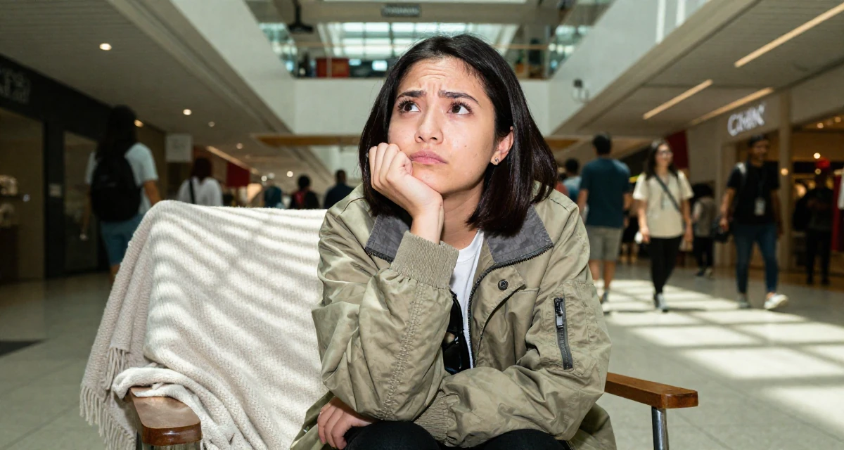 A dreamy Female From Singapore, based in Tampines, graduated from a polytechnic majoring in business analytics in their 22, worrying about disappointing early supporters, wearing a retro windbreaker jacket, crossing arms confidently in a shopping mall atrium.