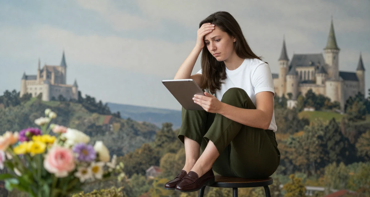 A longing Female Once a soldier trainee, now exploring softer sides through creator work in their 21, feeling the pressure of impending graduation, wearing a polished loafer and trousers look, holding a tablet device in a basement studio.