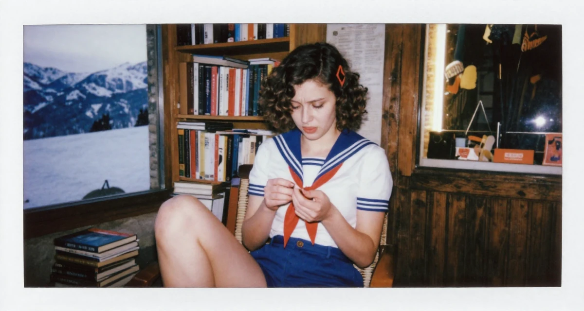 A sentimental Female From Warsaw Poland, studied social psychology in their 25, dealing with nervousness before posting first video, wearing a vintage pin-up sailor outfit with high-waisted shorts, inspecting fingernails in a snowy mountain peak.