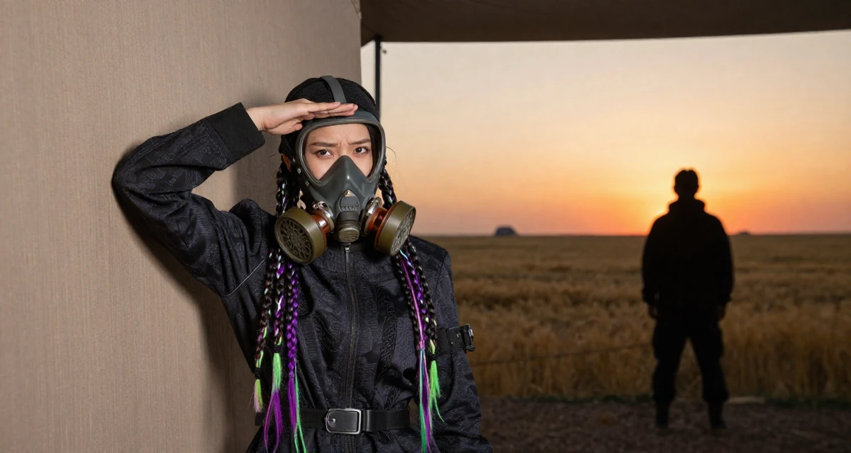 A pouting Female From Mongolia, majored in history and culture in their 22, managing multiple social platforms for promotion, wearing a cyber-goth outfit with gas mask and neon dreads, shading eyes with a hand in a camping site.