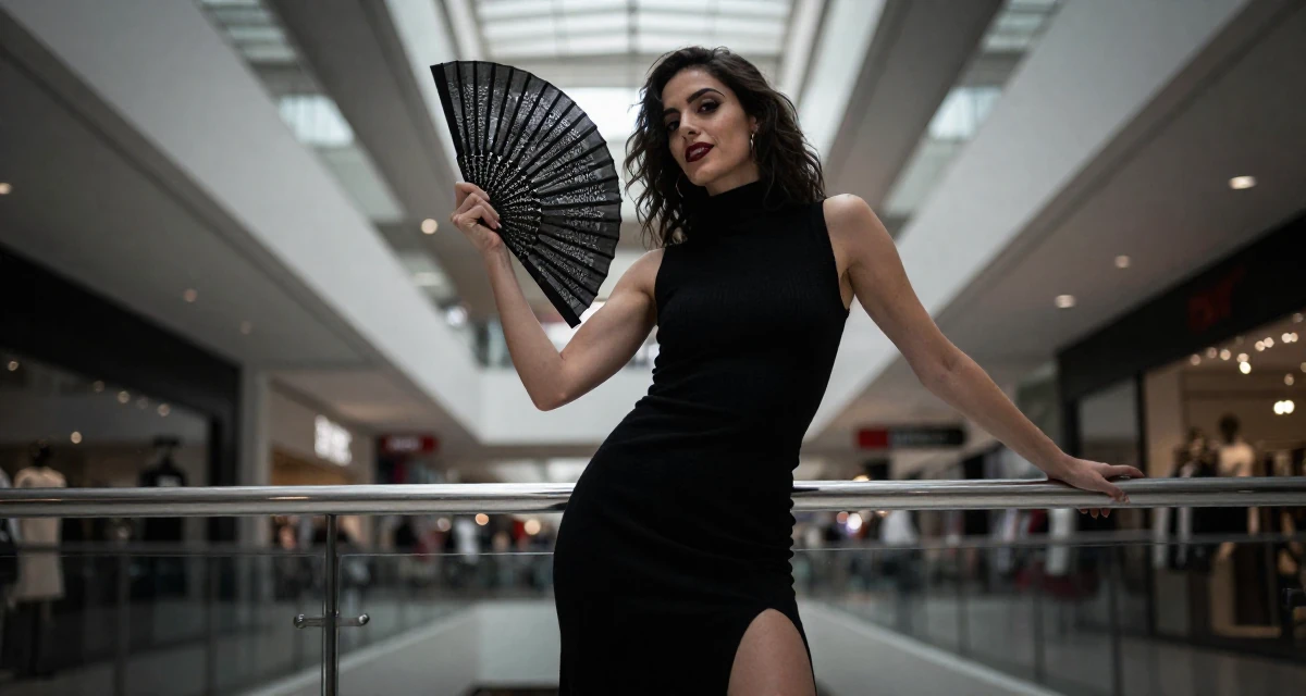 A sweet Female From Israel, studied behavioral economics in their 42, interior designer with a classic aesthetic, wearing a sleeveless turtleneck dress with high side slits, fanning self with a hand in a shopping mall atrium.