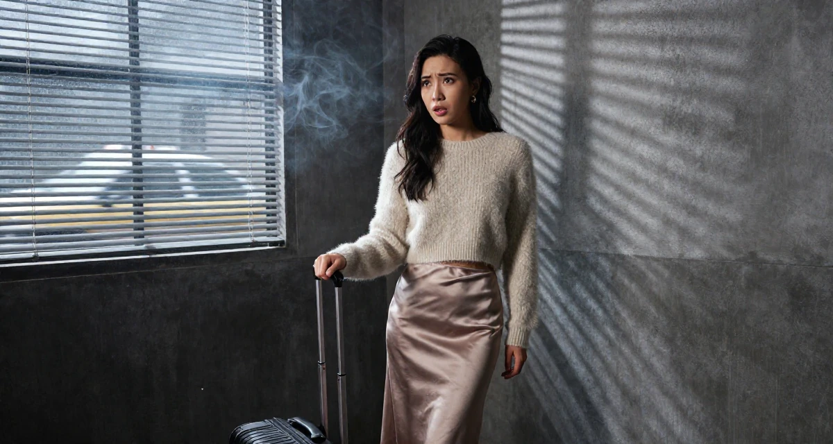 A confused Female From Chinese-speaking regions, majored in human resource development in their 25, excited but unsure about how to grow first followers, wearing a satin midi skirt and a fuzzy cropped sweater, polling a luggage handle in a industrial warehouse.