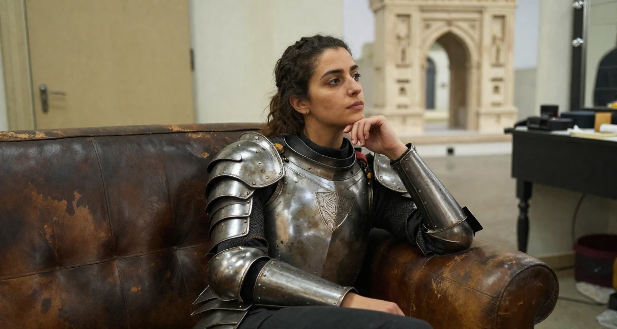 A lazy Female From Algeria, studied visual communication in their 36, focusing on mental health and mindfulness, wearing a battle-damaged armor showing skin underneath, touching the chin thoughtfully in a backstage dressing room.