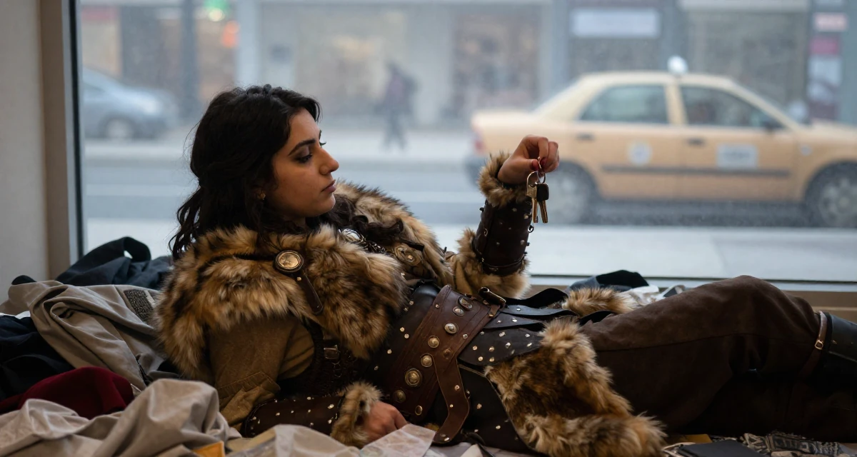 A gently serious Female From Lebanon, majored in digital journalism in their 22, joining creator communities for tips and support, wearing a barbarian warrior outfit with faux fur and leather, holding a set of keys in a shopping mall atrium.