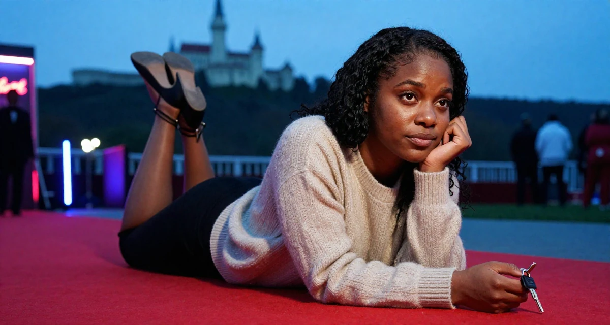 A compassionate Female From Jamaica, studied event management in their 22, dealing with loneliness because creator life is misunderstood, wearing a soft cashmere sweater worn with nothing visible underneath, holding a set of keys in a red carpet event.