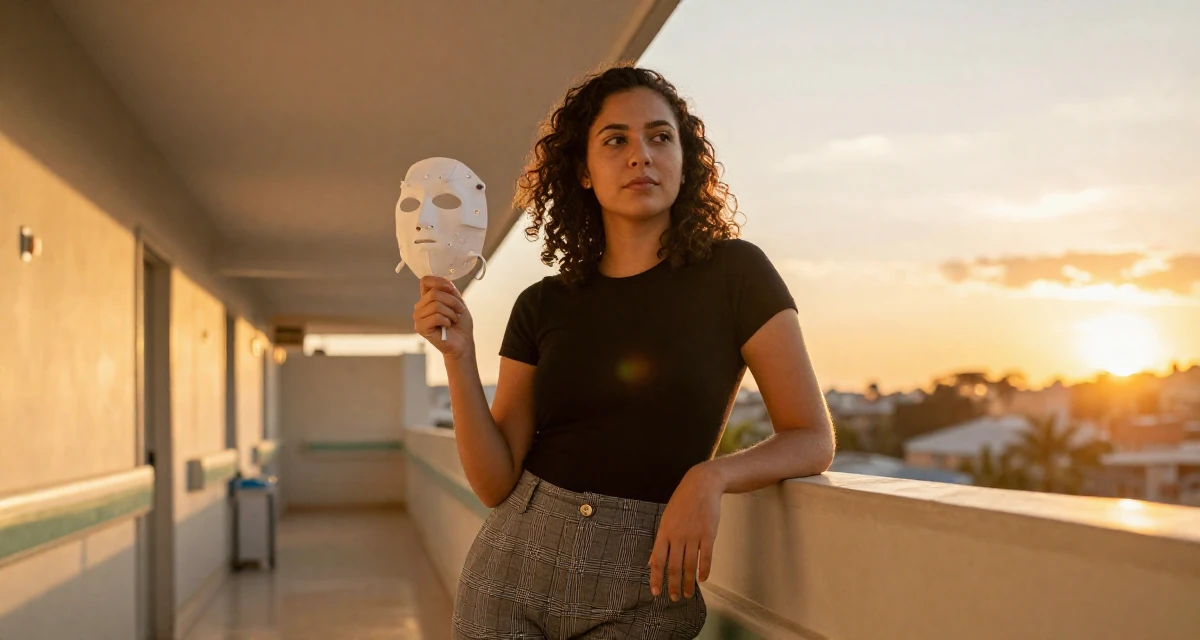 A gently serious Female From Brazil, studied architecture and urban planning in their 22, learning to advocate for personal boundaries, wearing a grey plaid trousers and a fitted black tee, holding a mask (cosplay/prop) in a hospital corridor.