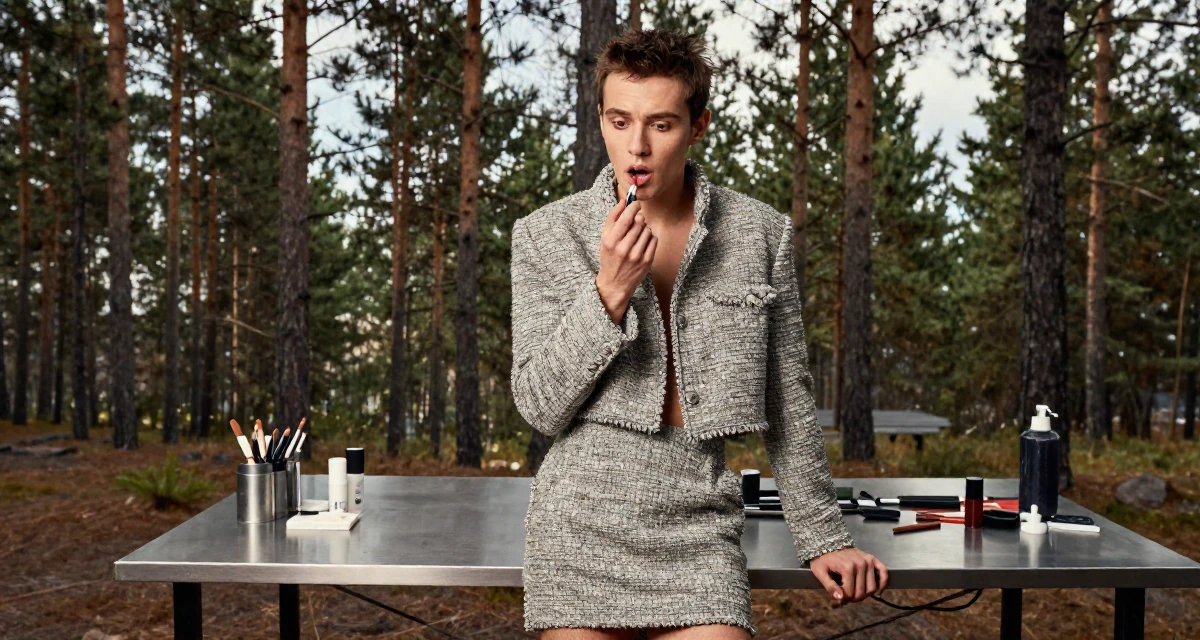 A surprised male From Helsinki Finland, practiced emotional expression through self-portrait art in their 28, learning to separate self-worth from subscriber numbers, wearing a cropped tweed jacket and a high-waisted mini skirt, applying lipstick in a fashion design studio.