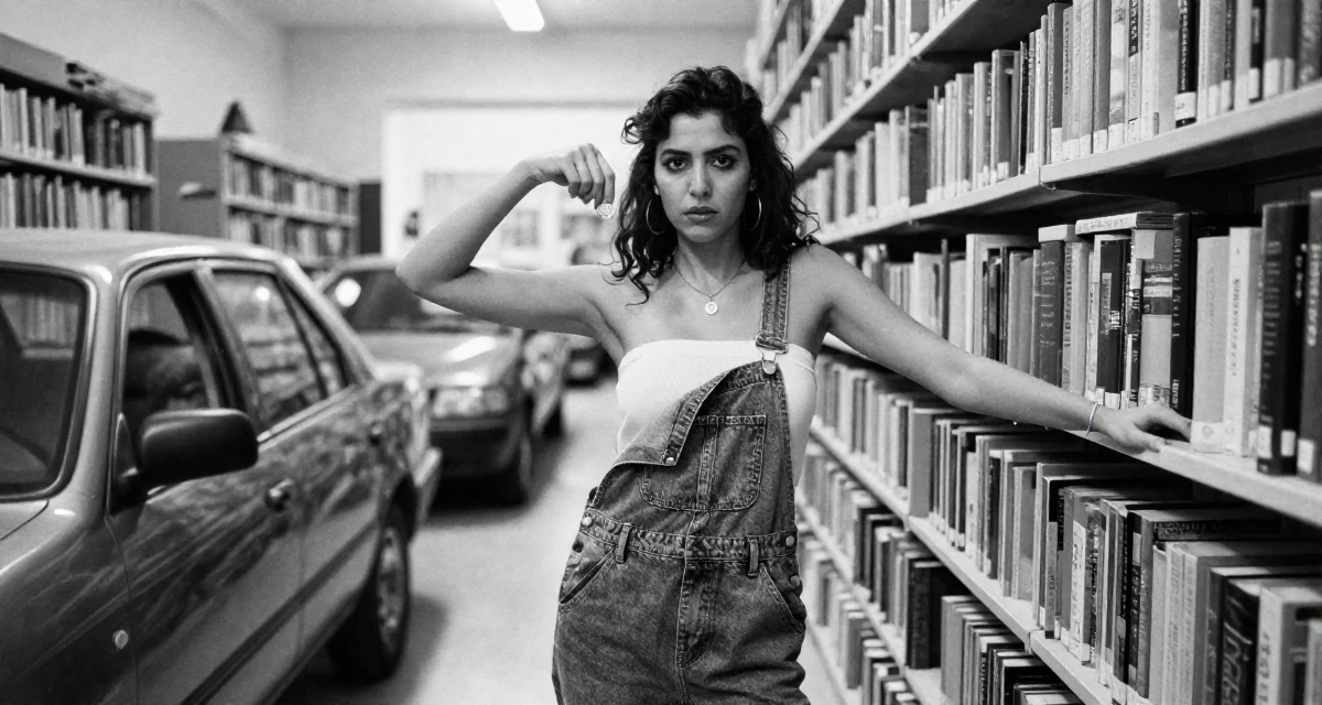 A self-assured Female From Alexandria Egypt, majored in applied arts in their 23, changing career paths with terrifying courage, wearing a tube top and oversized denim overalls with one strap down, flipping a coin in a library aisle.