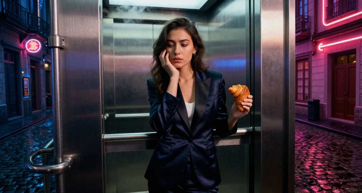 A wistful Female From Singapore, holds a degree in data science in their 32, managing long-distance relationship, wearing a satin lapel blazer and tuxedo pants, eating a croissant in a corporate elevator.