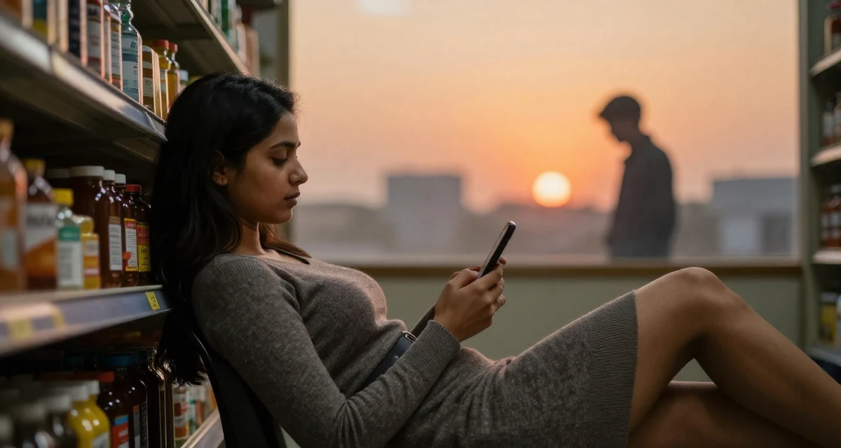 A settled Female From Bangalore India, holds a degree in software engineering in their 20, experiencing the first taste of freedom away from home, wearing a form-fitting sweater dress with a belt, typing a message in a supermarket aisle.