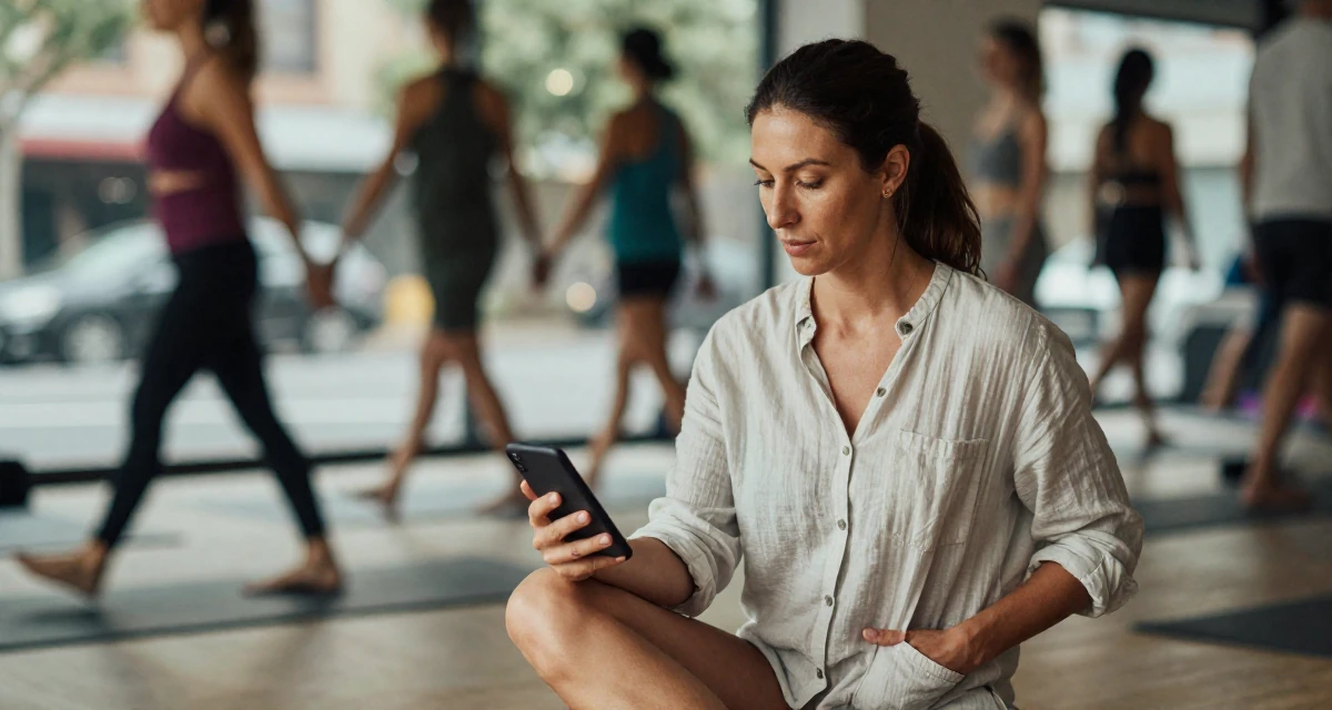 A dignified Female Former pharmacist in training, now teaching wellness routines online in their 30, weighing long-term health against constant digital hustle, wearing a relaxed vacation shirt, sliding a hand into a pocket in a yoga studio.