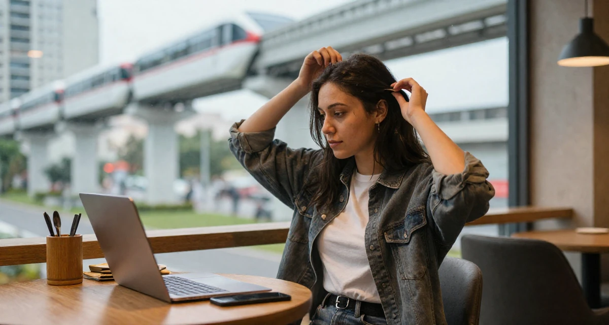 A humble Female Former university dropout at 22, now thriving as a digital expression artist in their 23, balancing sensual creativity with school deadlines, wearing a comfortable urban casual outfit, adjusting a hairpin in a breakfast nook.