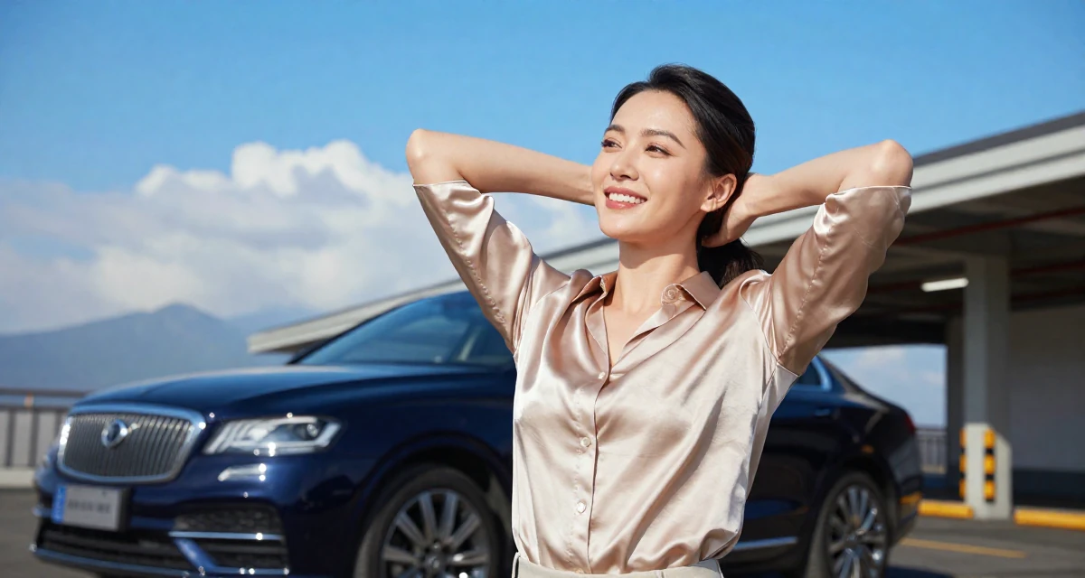 A joyful Female Once a kindergarten teacher, now a full-time lifestyle content creator in their 32, sharing easy DIY home improvement projects, wearing a satin button-up shirt in champagne color, examining a product in a underground parking garage.