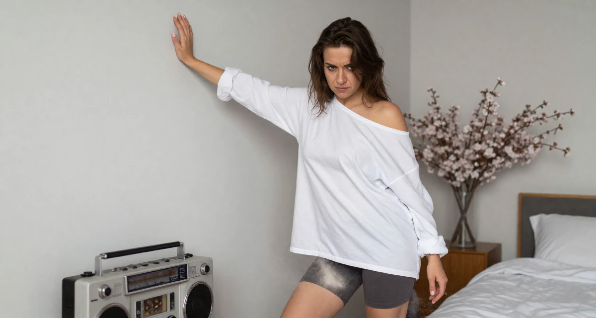 A determined Female From Finland, studied applied linguistics in their 22, exploring slow, teasing video styles within comfort limits, wearing a oversized white shirt worn off one shoulder and biker shorts, kicking up dust playfully in a minimalist bedroom.