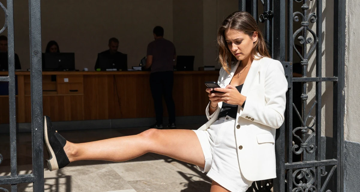 A zoned out Female From Sweden, majored in industrial engineering in their 22, managing emotional whiplash from fluctuating subscriber counts, wearing a white blazer and matching white shorts, texting with both thumbs in a lecture hall.