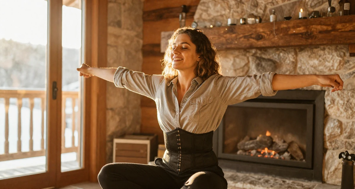 A joyful Female From Cuba, majored in agricultural economics in their 41, rebuilding confidence after job loss, wearing a button-up shirt with a corset belt and black pants, stretching arms after waking in a ski lodge fireplace.