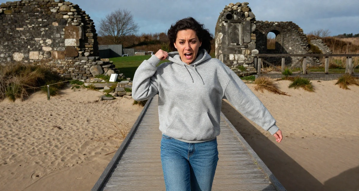 A anxious but excited Female From Netherlands, studied media and culture in their 23, feeling pressure to “figure life out” quickly, wearing a classic grey hoodie and jeans, pulling a sweater sleeves over hands in a bridge walkway.