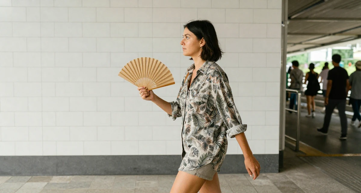 A observant Female Former bakery assistant, now crafting sweet, soft-aesthetic creator vibes in their 44, handling high healthcare expenses, wearing a relaxed fit patterned shirt, fanning self with a hand in a camping site.