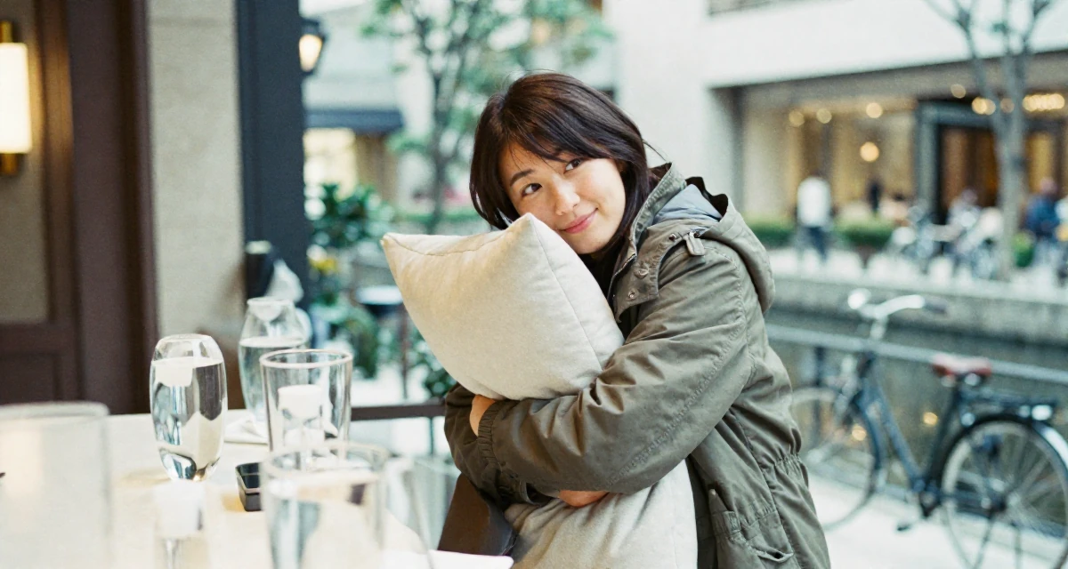 A lighthearted Female From Japan, majored in information systems in their 28, investing in high-quality lifestyle upgrades, wearing a stylish parka jacket, hugging a pillow or cushion in a luxury hotel lobby.