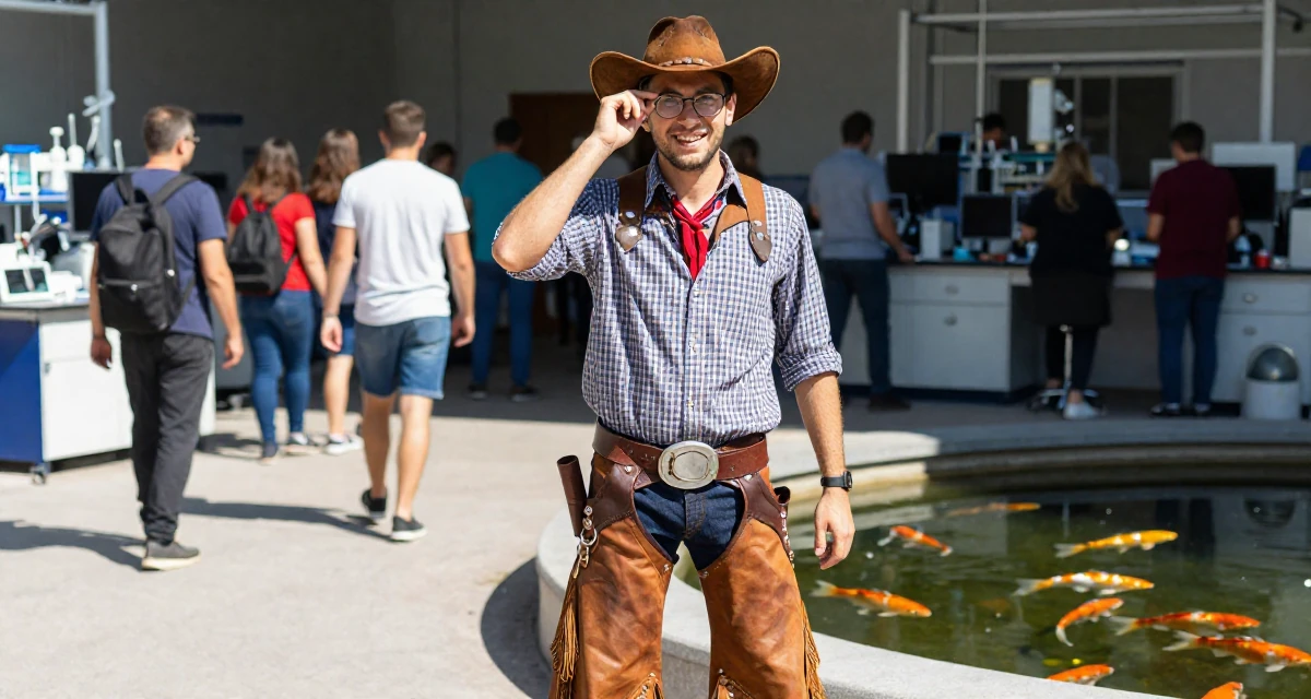 A optimistic male From Romania, studied computer science in their 30, seeking adventure and outdoor challenges, wearing a wild west cowgirl outfit with chaps and a hat, adjusting glasses in a science lab.