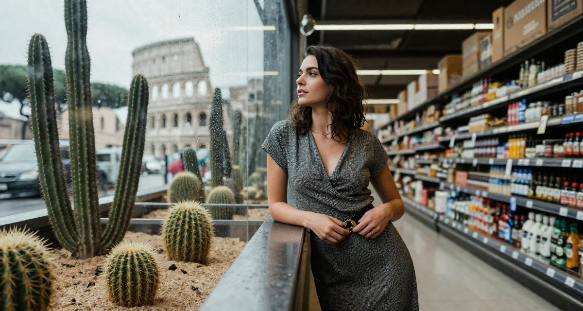 A dreamy Female From Rome Italy, majored in art history in their 33, exploring luxury travel and fine living, wearing a sophisticated midi dress, fixing a belt buckle in a supermarket aisle.