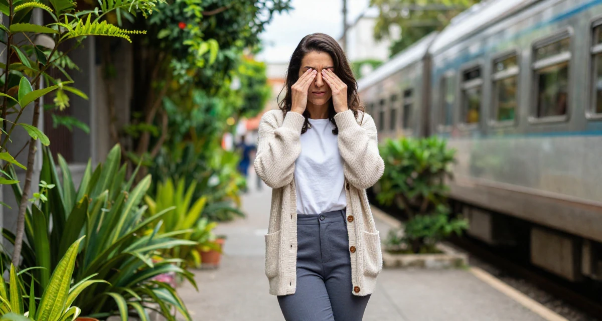 A victorious Female From Brazil, majored in communication in their 37, navigating the world of freelance consulting, wearing a cozy knit cardigan and slacks, rubbing eyes in a neon-lit alleyway.