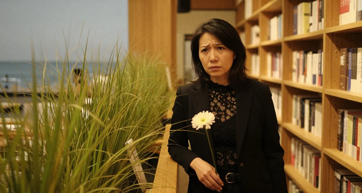 A worried Female Former small-town teacher, now exploring expressive photography in their 40, celebrating professional mastery and confidence, wearing a black lace top under a business suit, holding a single flower in a bookstore aisle.